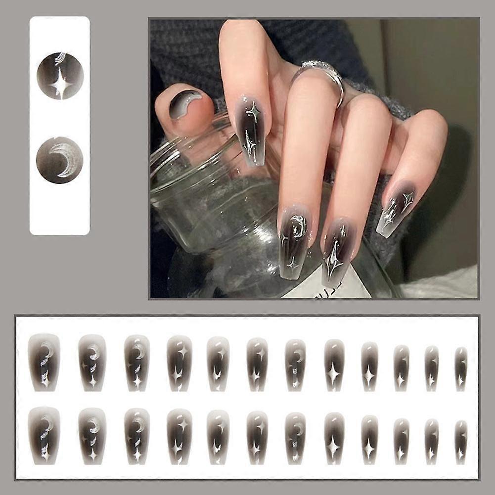 Reusable Star Moon Design Press On Nails 24PCs Full Coverage Artificial Nail Tips With Pre Applied Glue Black Silvery
