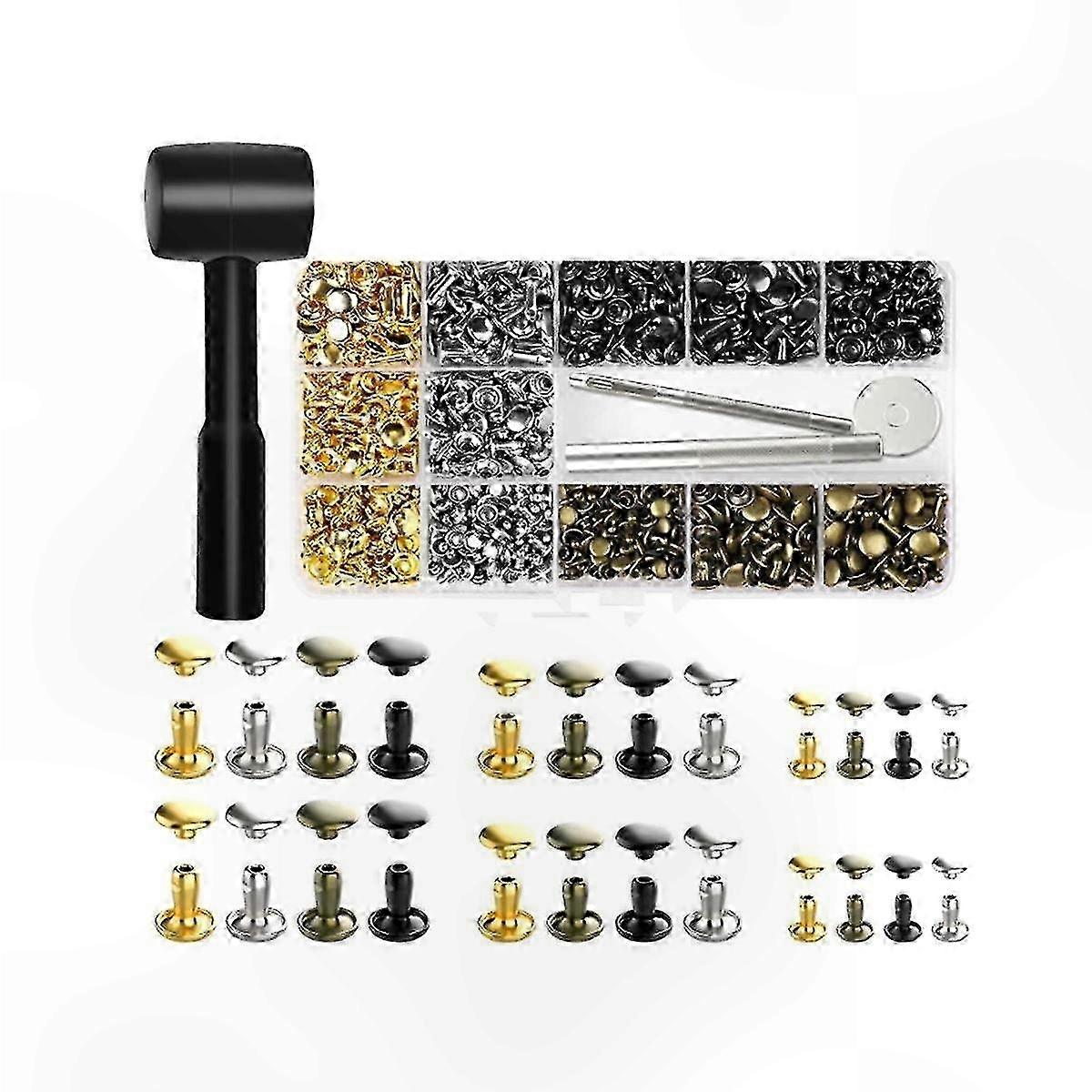 Metal Rivet Set with Double Caps, 480 Pieces in 4 Colors & 3 Sizes, Includes Rivet Installation Tools for Leather Crafting Projects