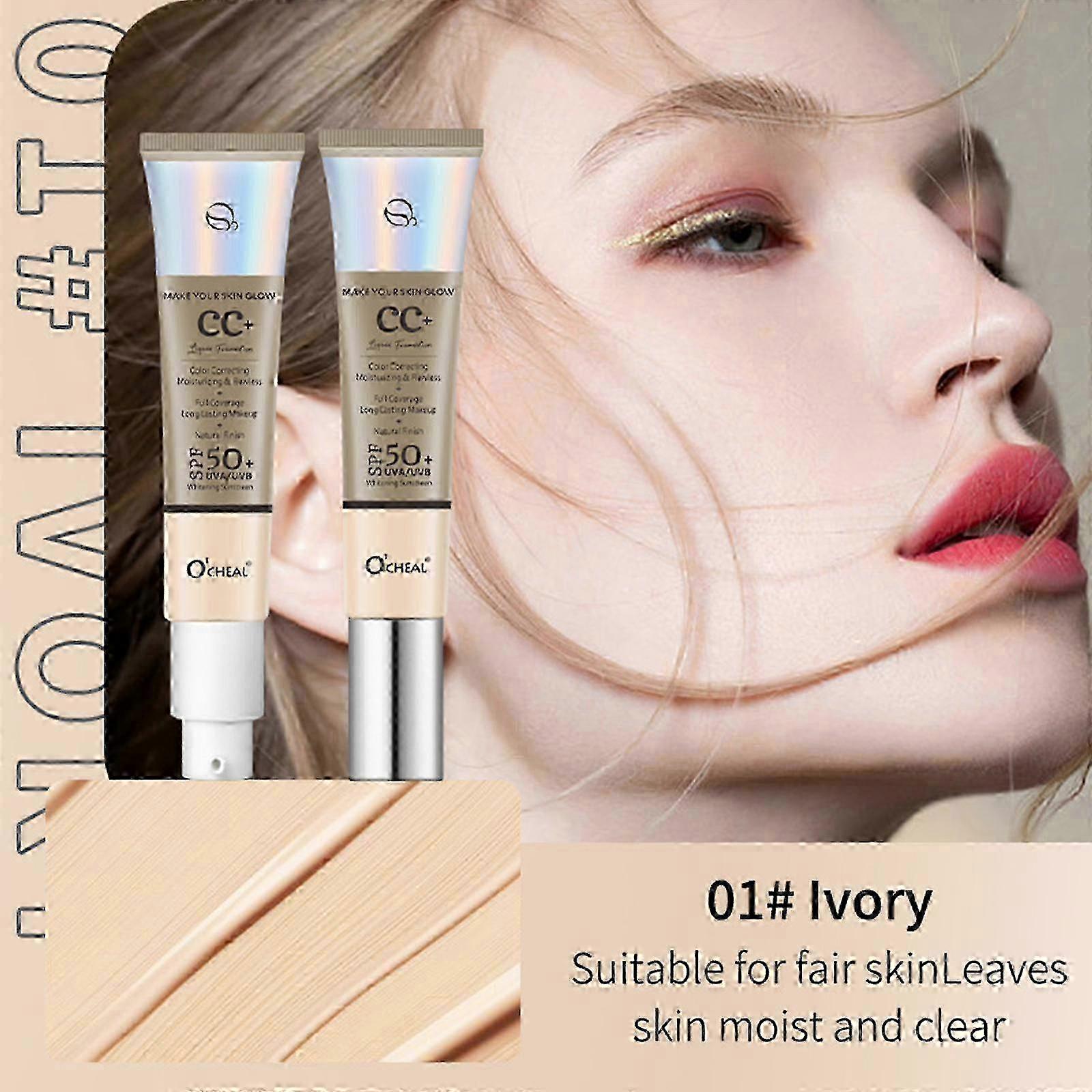 Full-Coverage Foundation and Concealer, CC Cream Foundation Anti-Redness, 3 In 1 Color Correcting CC Cream, Lightweight Skin Perfector Tinted Moisturi