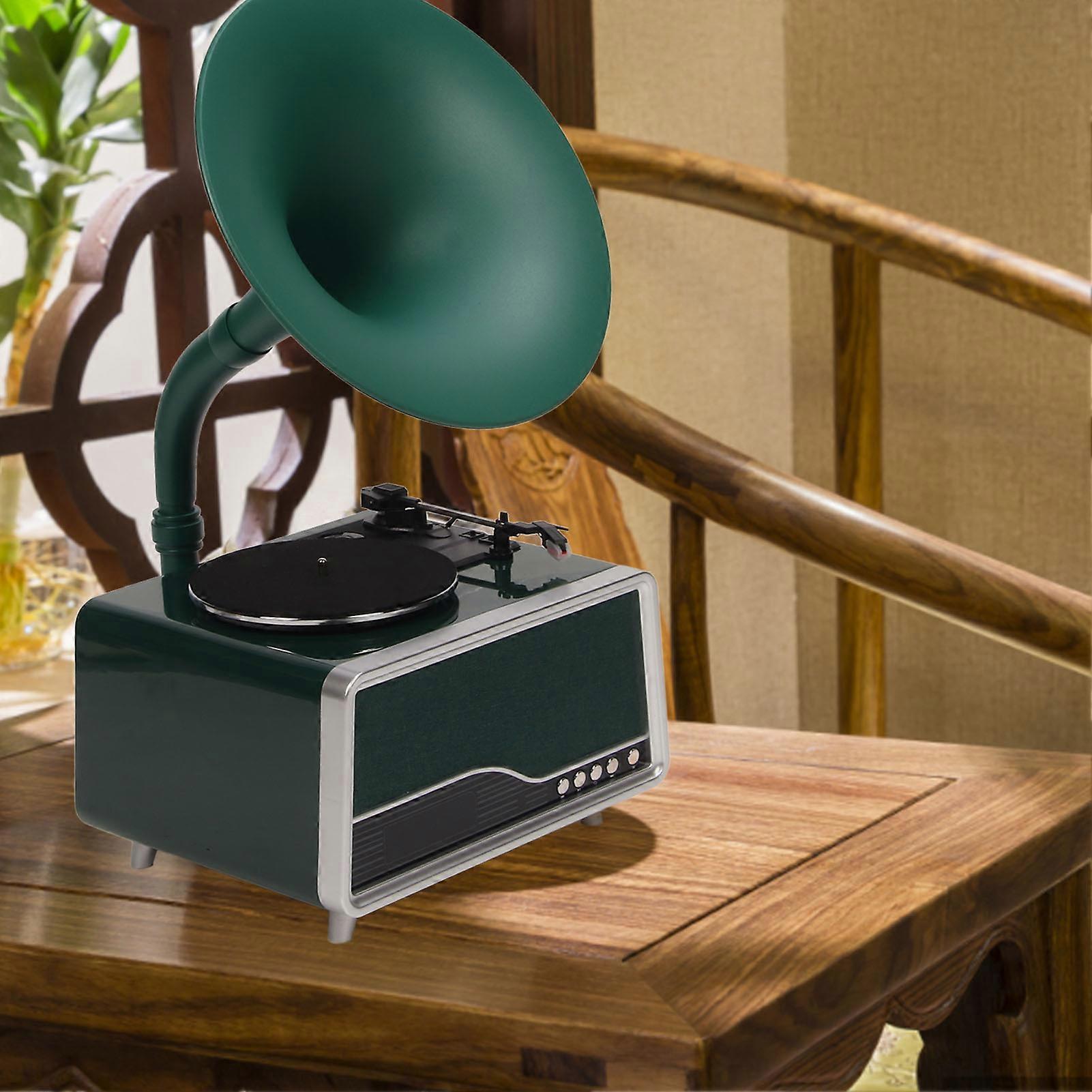Vintage Gramophone Bluetooth Speaker USB Remote Control Vinyl Record Player for Home 100‑240V Blackish Green EU Plug