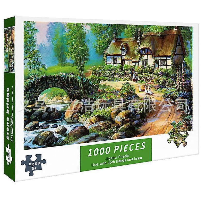 1000-piece puzzle, educational cartoon toy for children, stress-relieving, high-difficulty puzzle with a small bridge and flowing water feat
