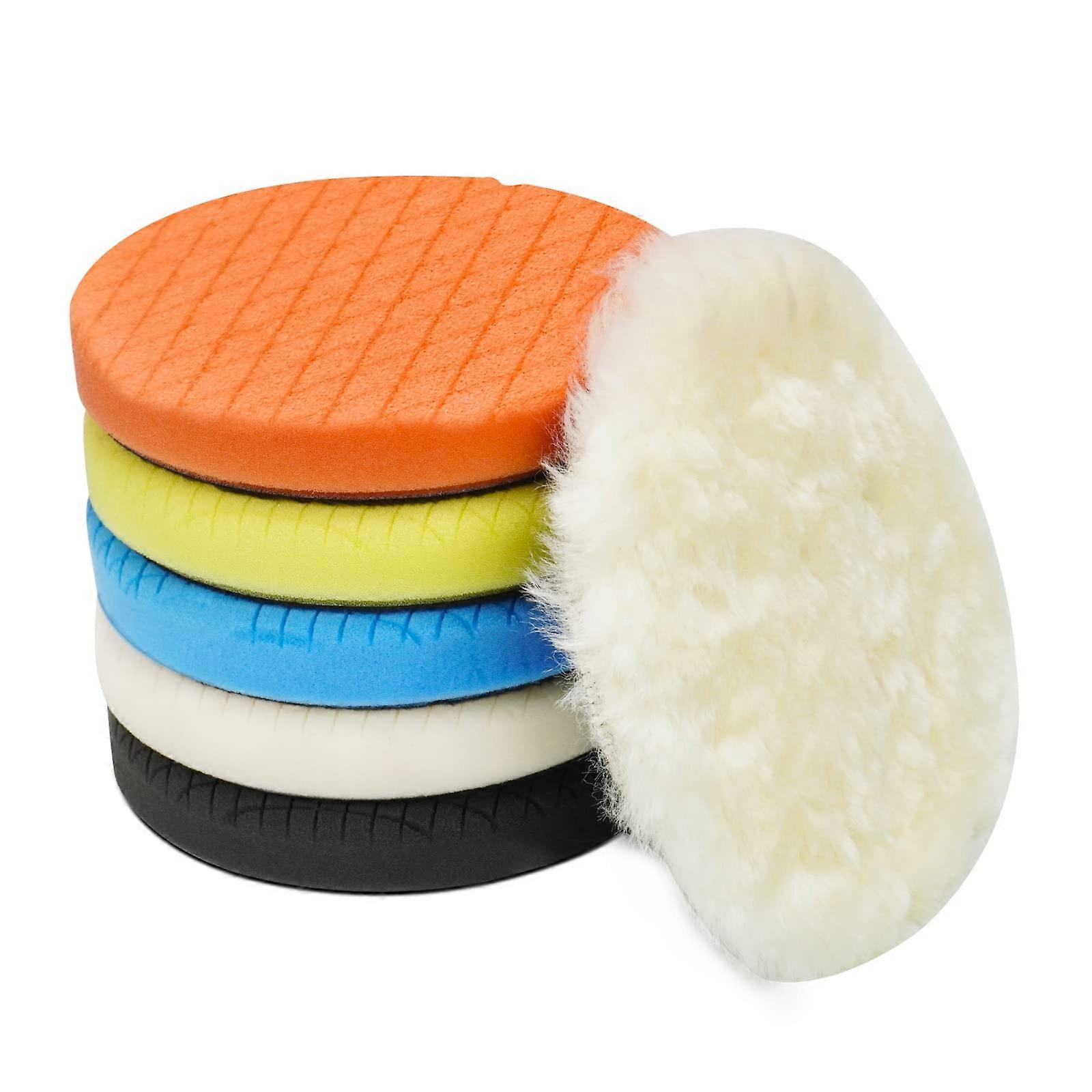 5' Buffing Polishing Pads, 6 Pcs, 5.6 Inch Face For 5 Inch Backing Plate, Sponge And Wool Pad Kit For Car Buffer Polisher