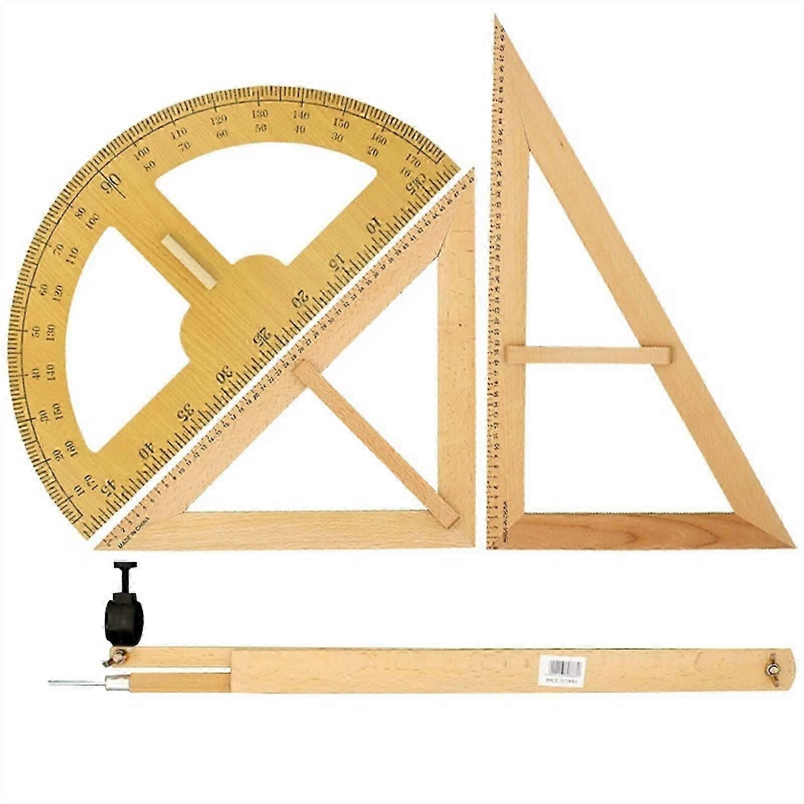 Protractor Circle Measure Set Triangle Ruler for Teachers Solid Wood 50cm