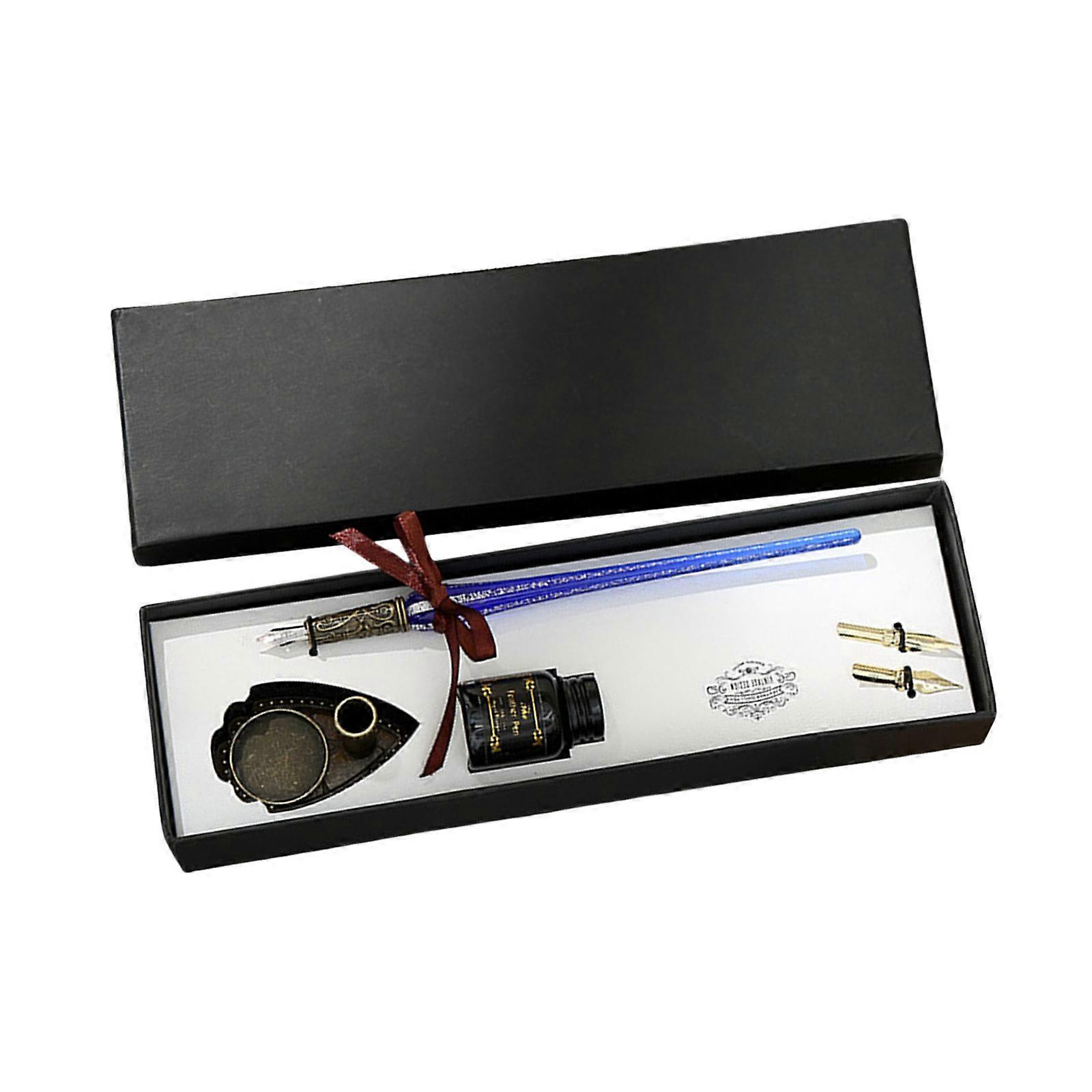 Calligraphy Glass Dip Pen and Inks Set with Replaceable Pen Tip and Metal Pen Holder for Writing Invitation Scrapbooking  royal blue