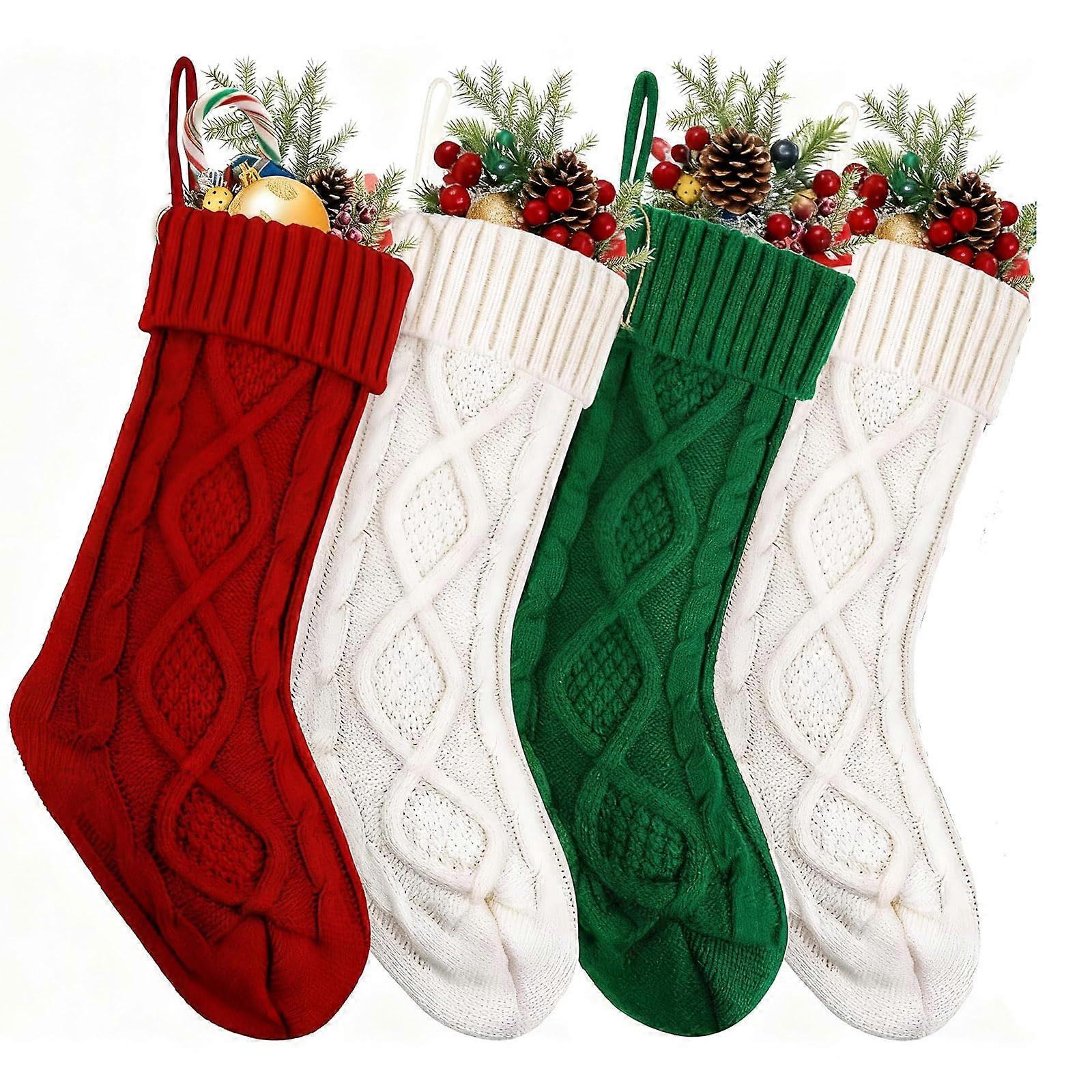 Christmas Stockings Set of 4 with Leather Patch Custom Name, 18' Large Knitted Fireplace Decor in Red Green White