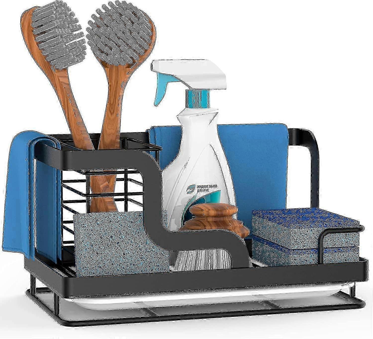 حامل الإسفنج بالوعة العلبة ، منظم بالوعة المطبخ لفرشاة صابون خرقة الأطباق ، حامل قماش الصحون مع مقلاة استنزاف 304 الفولاذ المقاوم للصدأ (أسود) F74