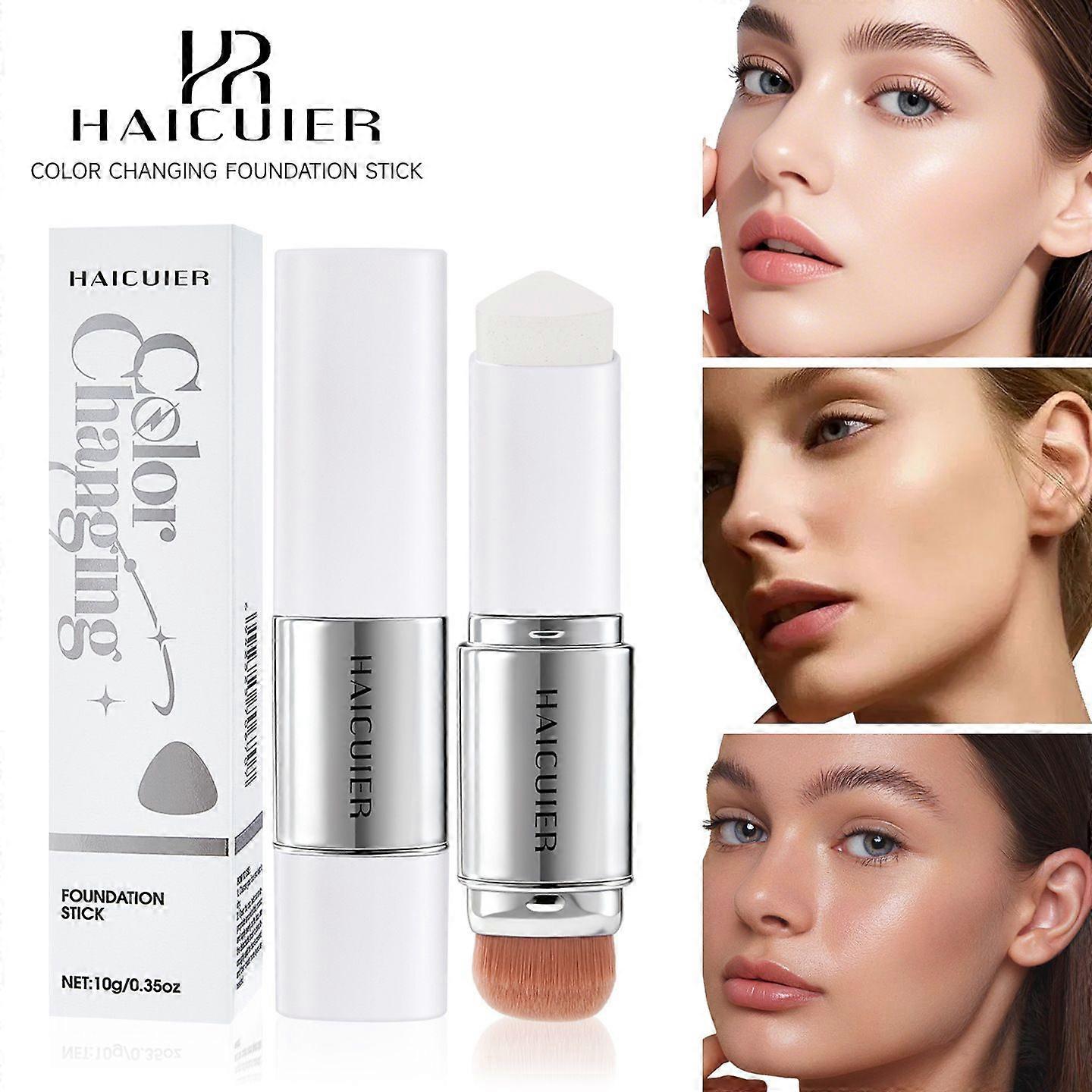 Color-Changing Foundation Stick, Dual-Ended with Built-in Brush for Dewy Hydrating Look, High Coverage Conceals Pores Oil-Control Long-Lasting, Lightw