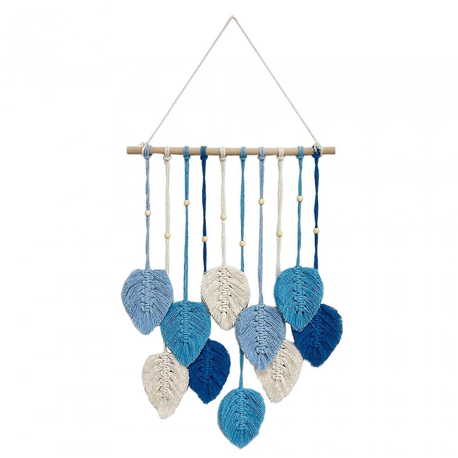 Macrame Wall Hanging with Leaf Tassels, Handmade Boho Wall Decor for Living Room, Blue