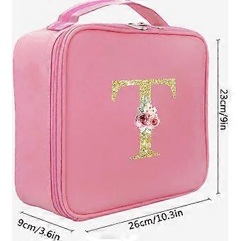 Gold letter print and pink case with adjcomtable divider, travel makeup bag large professional portable makeup organizer