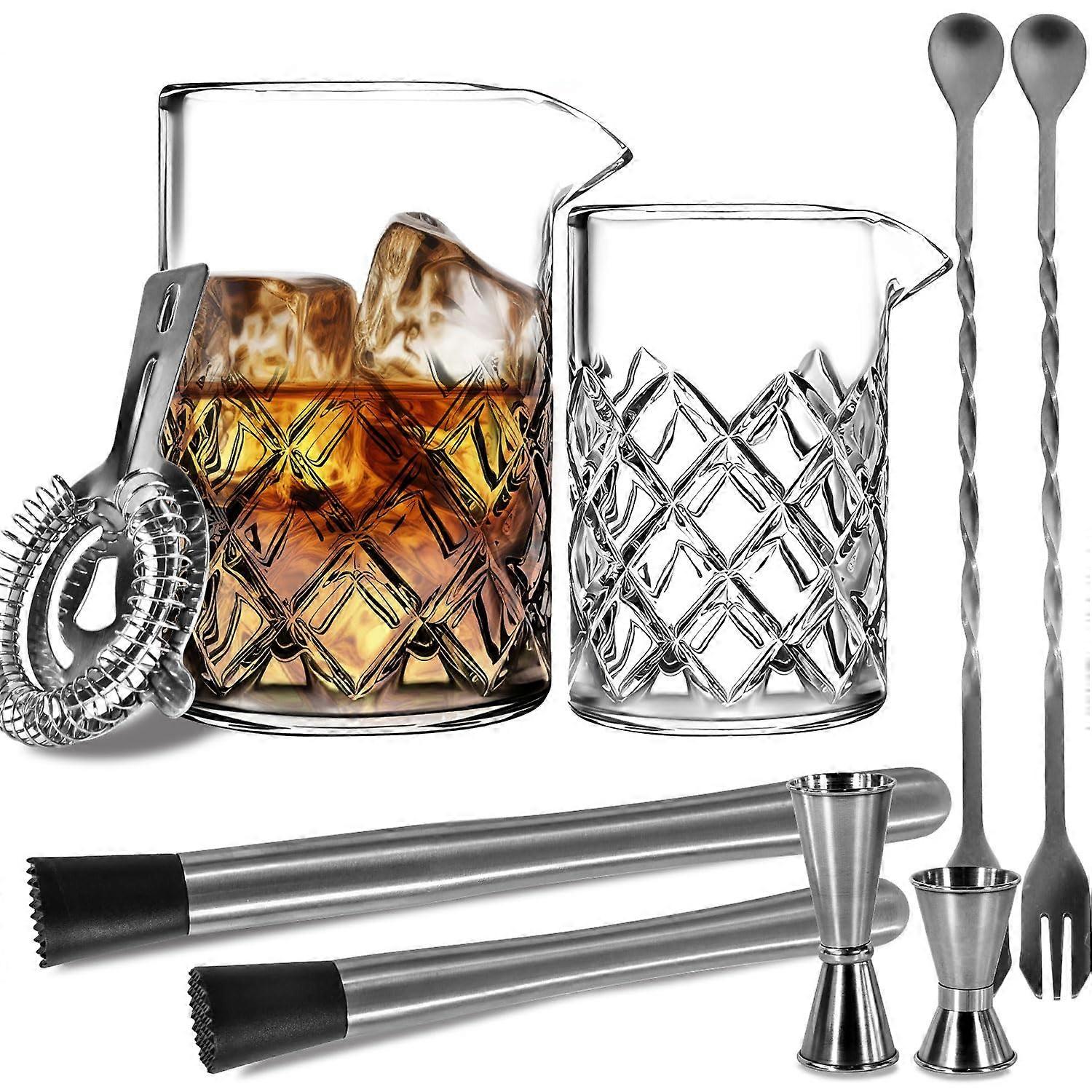 Cocktail Mixing Glass Set 16oz 24oz Crystal Diamond Cut with Complete Bartending Kit Tools
