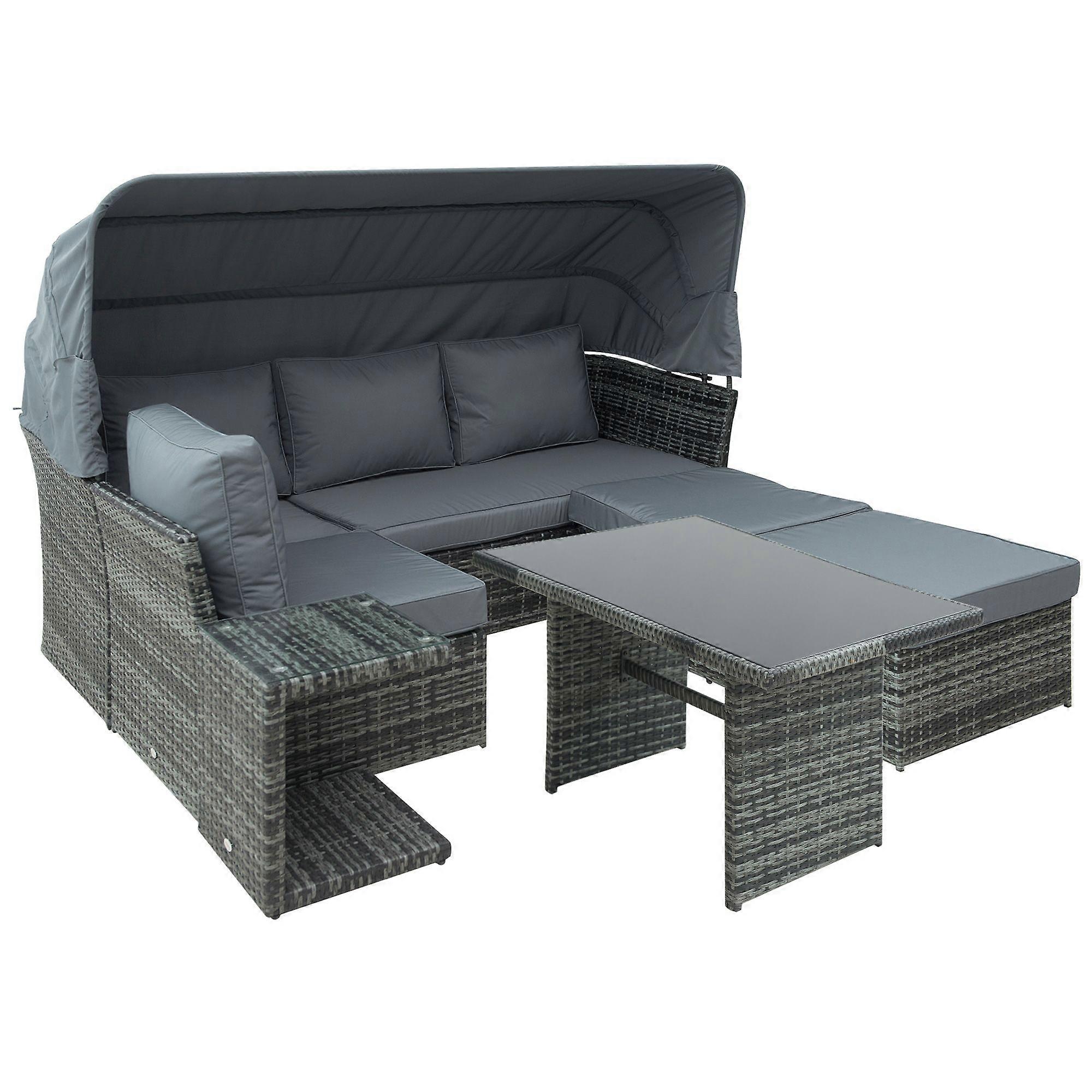 5 Piece Rattan Sofa Set with Adjustable Canopy