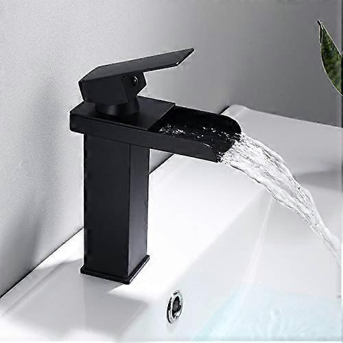 Black Brass Waterfall Bathroom Faucet with Single Handle Hot and Cold Mixer, Chrome Square Design