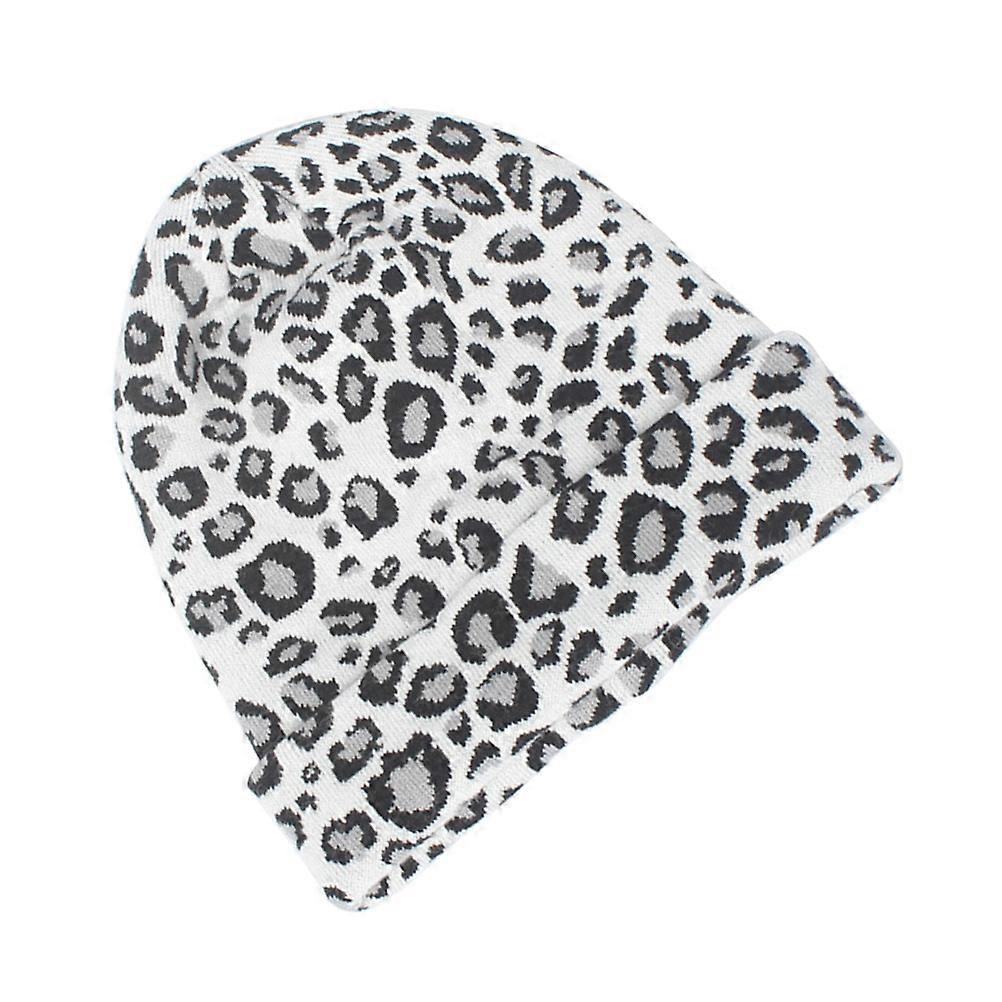 Vit Leopardstickad Mössa Varm Damull Stickad Mössa För Vinter