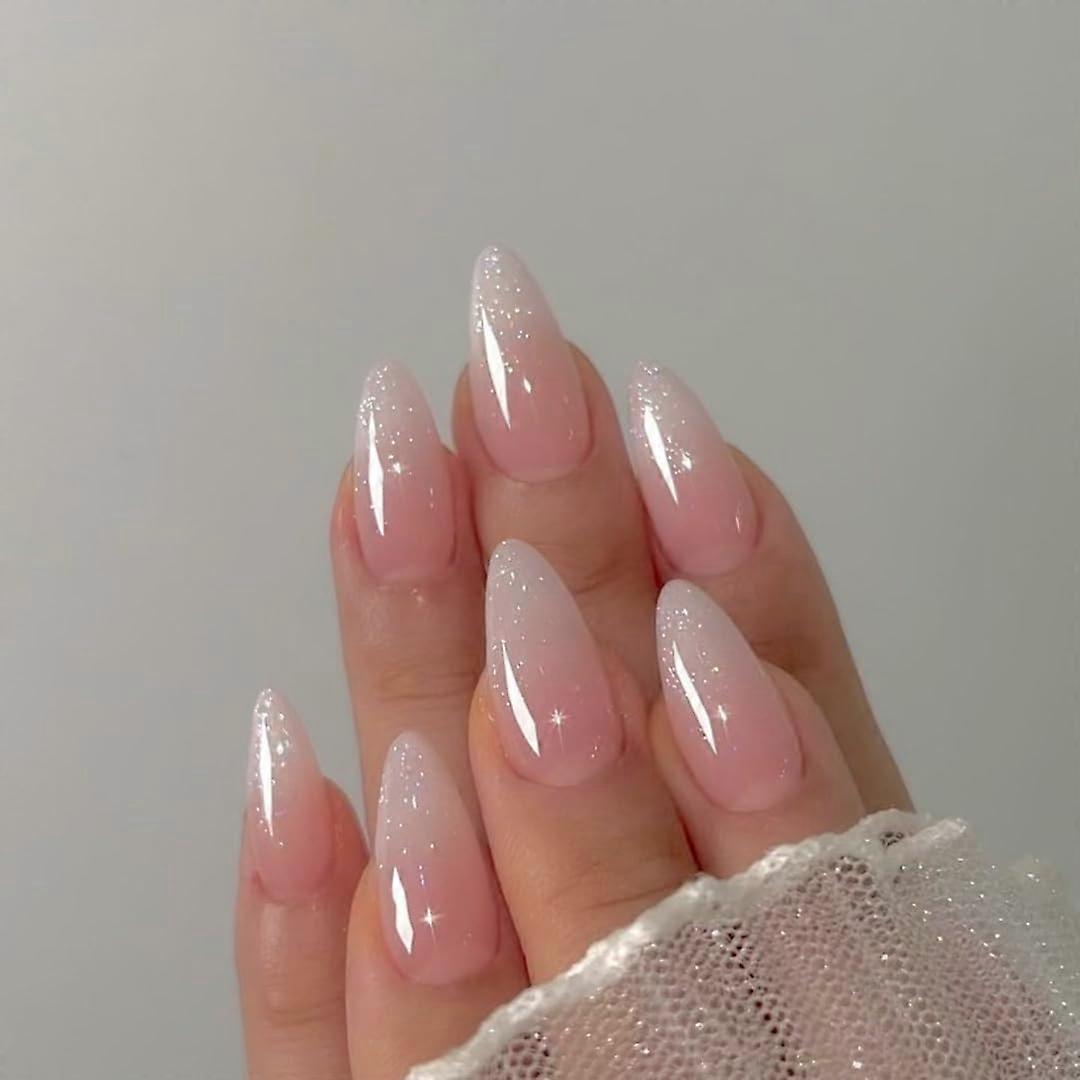 Ombre Pink Glitter Press On Nails Medium Almond French Gradient False Nails
