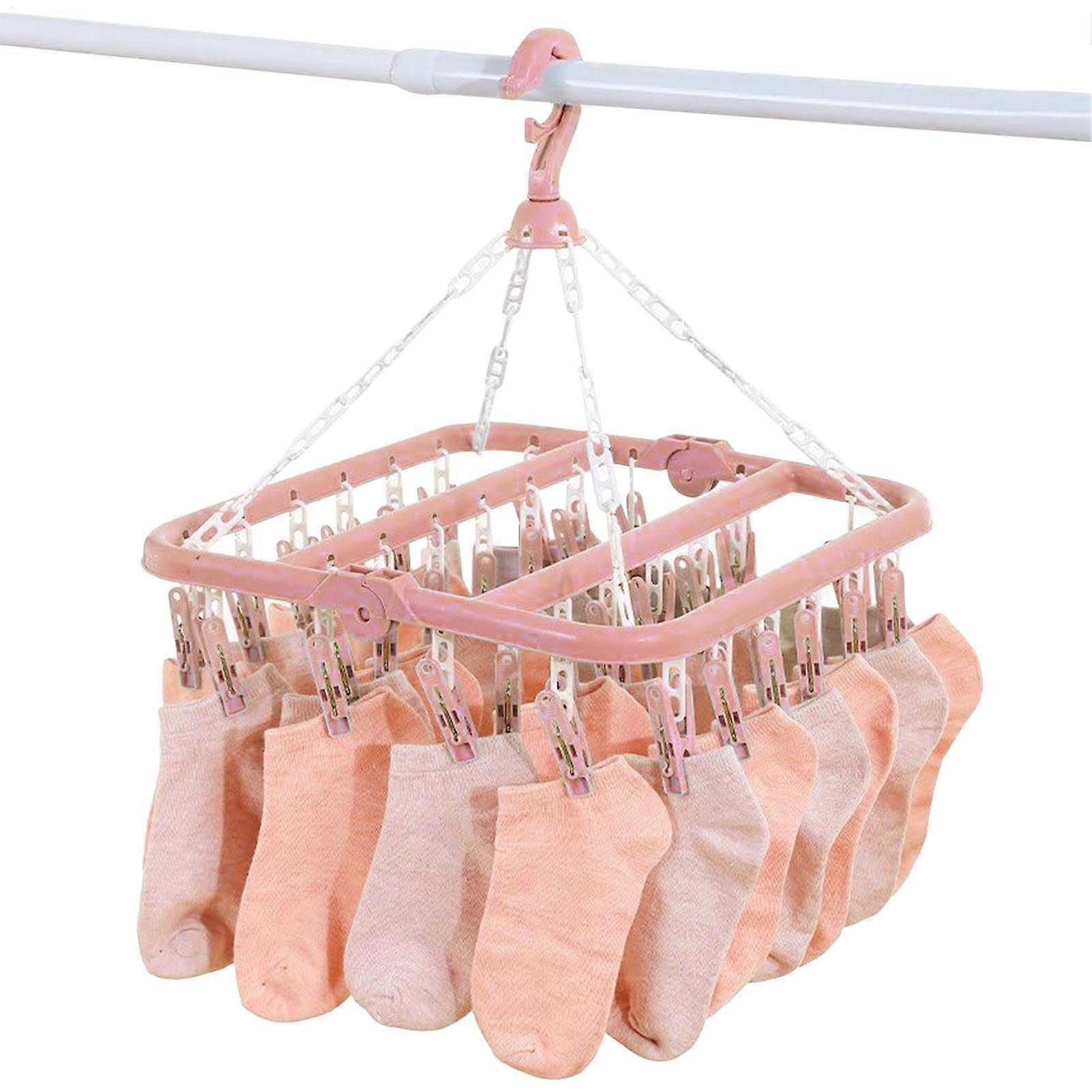 Underwear Drying Rack with 32 Clips, Foldable Windproof Clothes Hanger for Socks, Bras, Pink