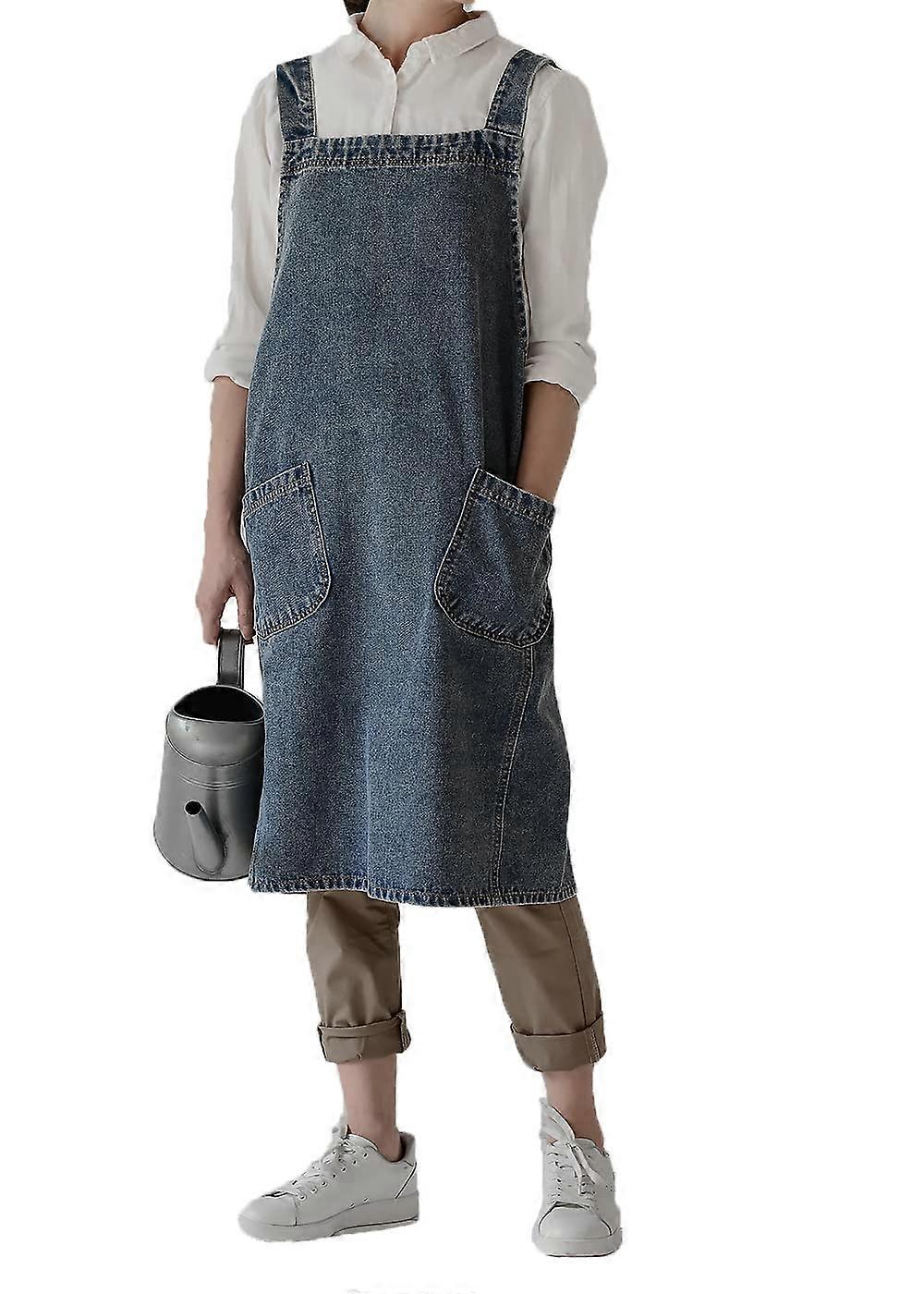 Denim Cross Back Kitchen Apron Adjustable Unisex Bib with Large Pockets Durable Cotton XBlue