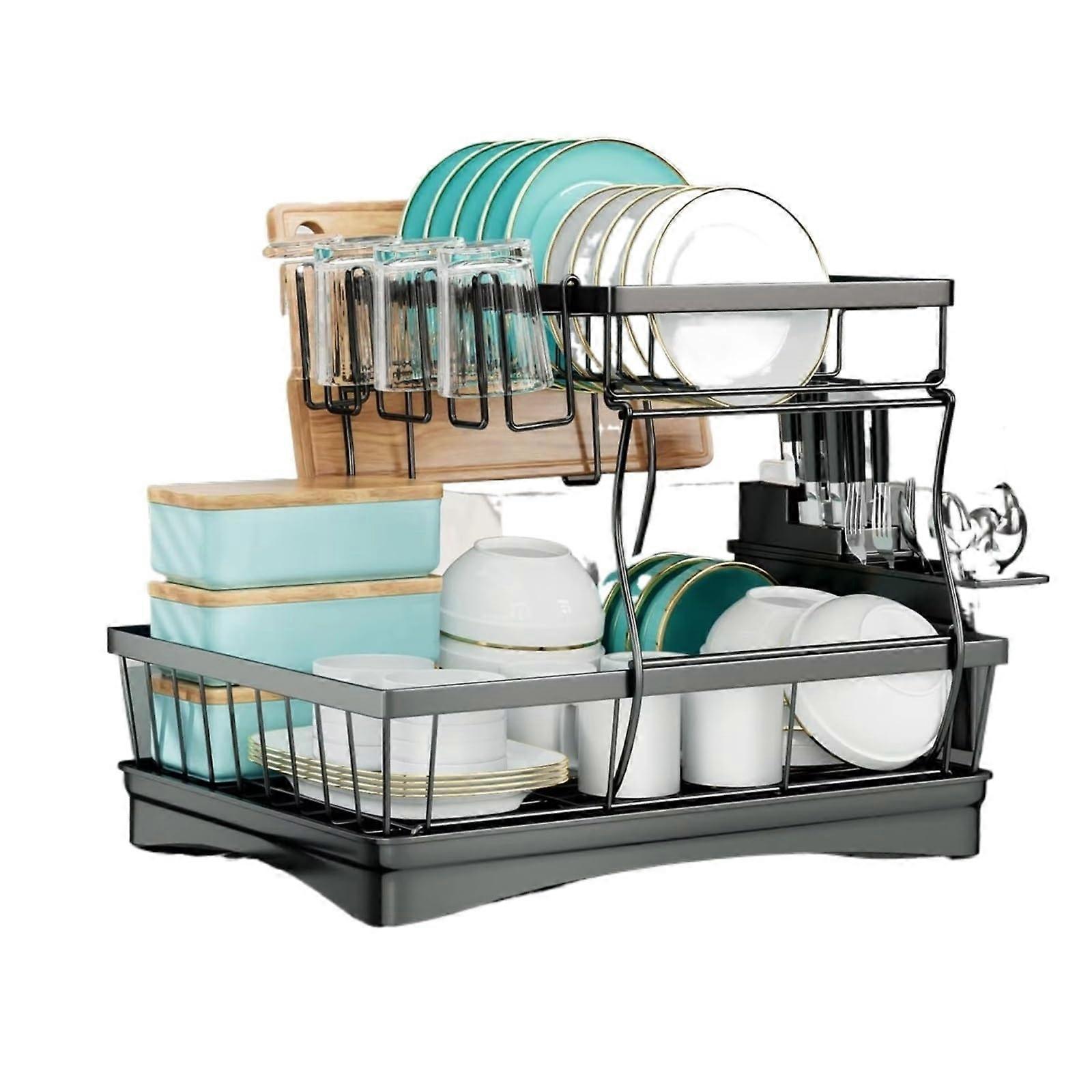 Large 2Tier Dish Drying Rack with Drainboard, Stainless Steel SpaceSaving Kitchen Counter Organizer