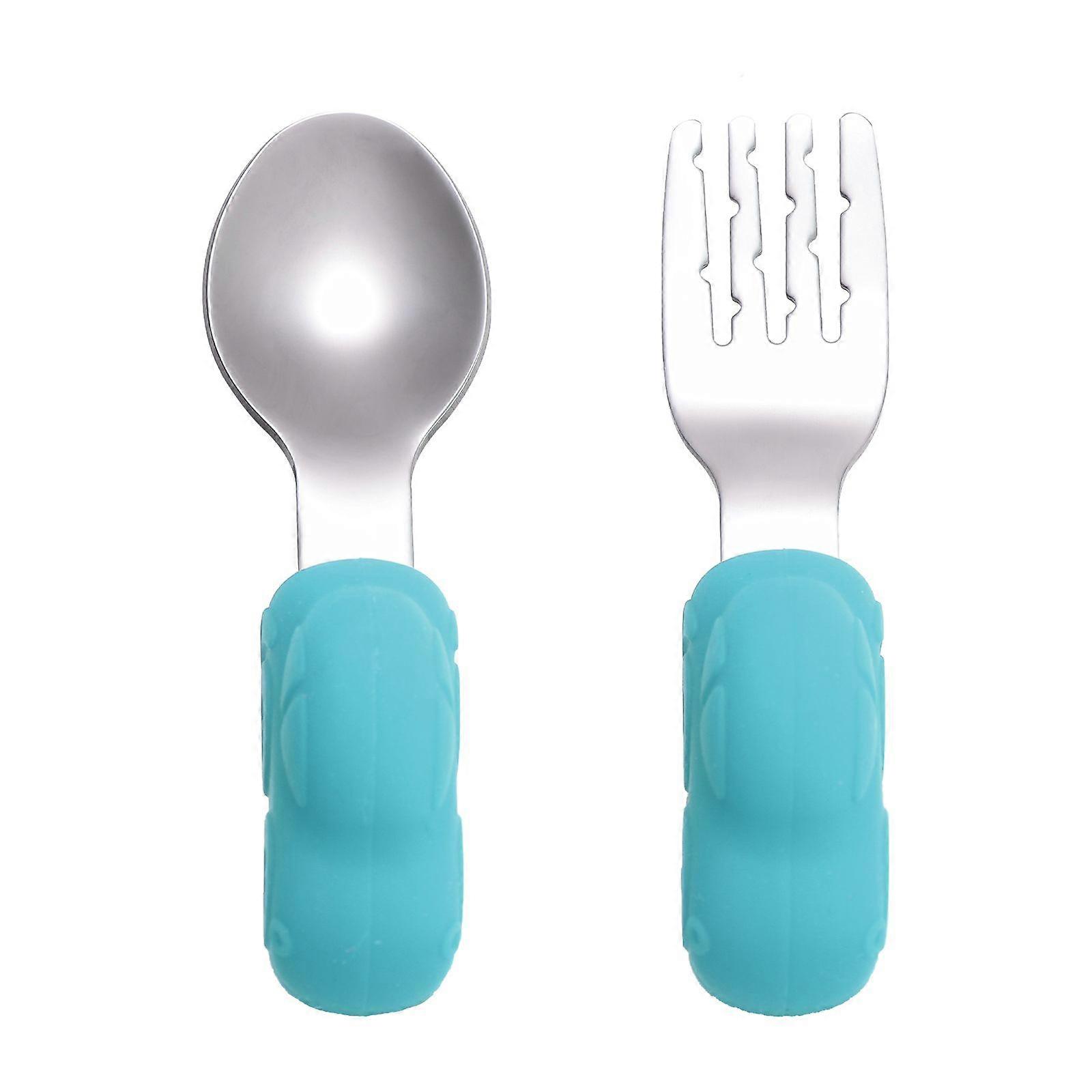 1 Pair Children Training Tableware Stainless Steel Short Handle Fork and Spoon