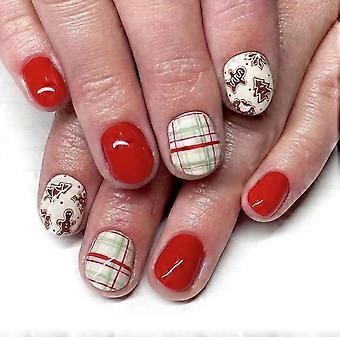 Christmas Press On Nails Set Short Red and White Acrylic Fake Nails with Festive Gingerbread and Tree Designs for Women