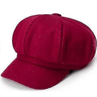 Gorro de boina para mujer, gorro de pintor octogonal para mujer de otoño e invierno (rojo vino)