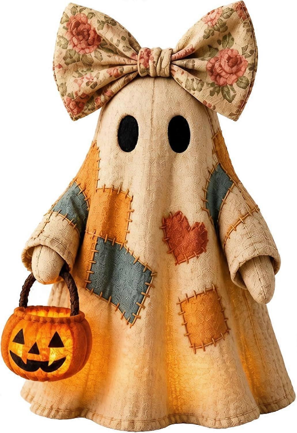 Lighted Vintage Patchwork Ghost Light Up Ghost with Pumpkin Lantern Halloween Decor, Vintage Halloween Patchwork Ghosts Lamp, Rustic Fall Figurine