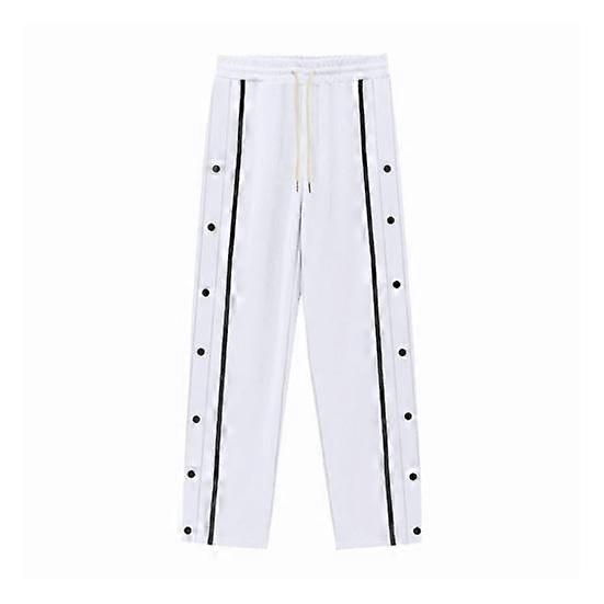 Men Casual Pants Loose Side Pockets Drawstring Elastic Waist Side Button