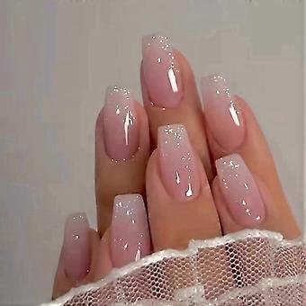 Unhas postiças francesas com glitter, degradê rosa nude, formato médio (bailarina), reutilizáveis, 24 unidades.