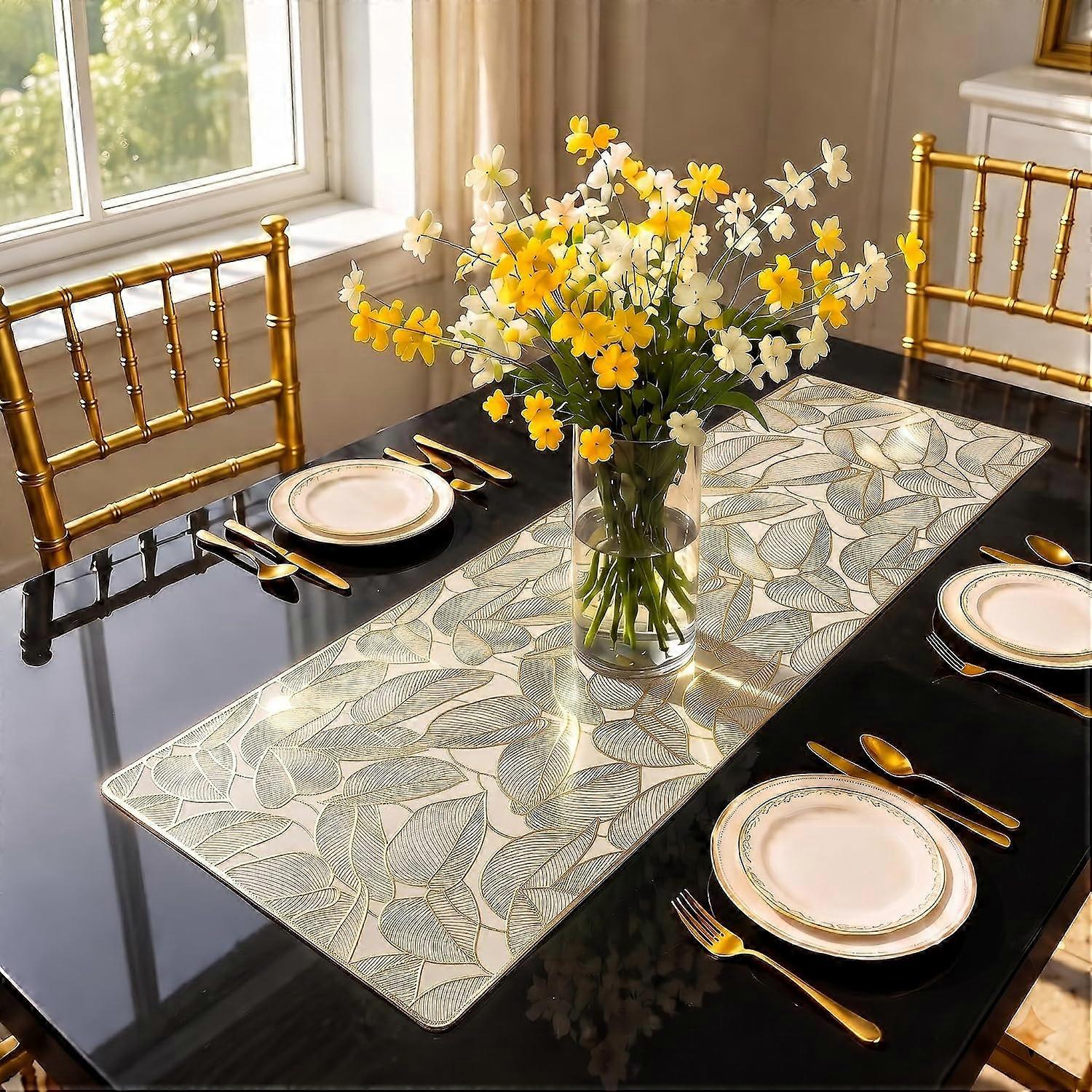 Waterproof Gold Table Runner, Leaf Pattern, 90 x 32 cm, Non-Slip