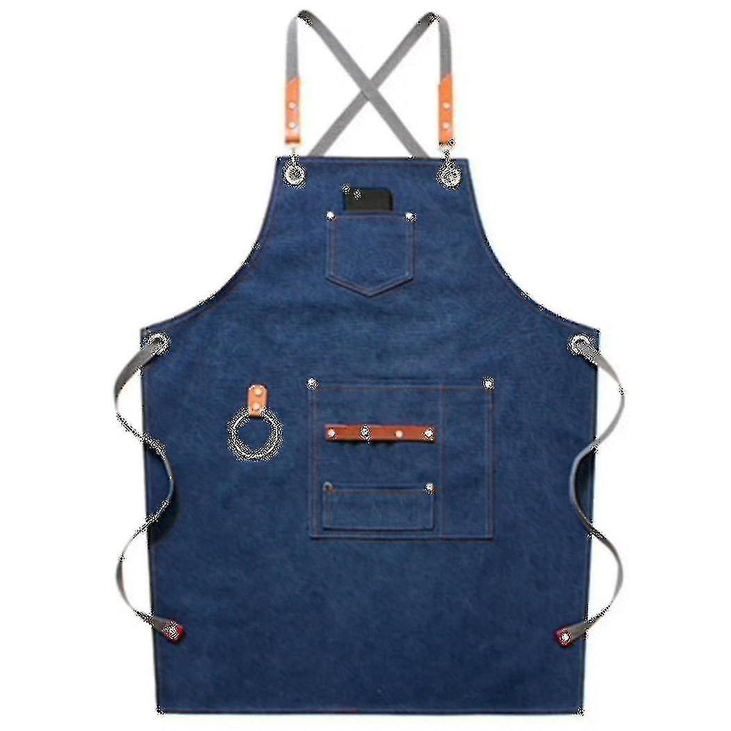 Canvas Bib Leather Chef Kitchen Apron Women's Men's Apron(blue)