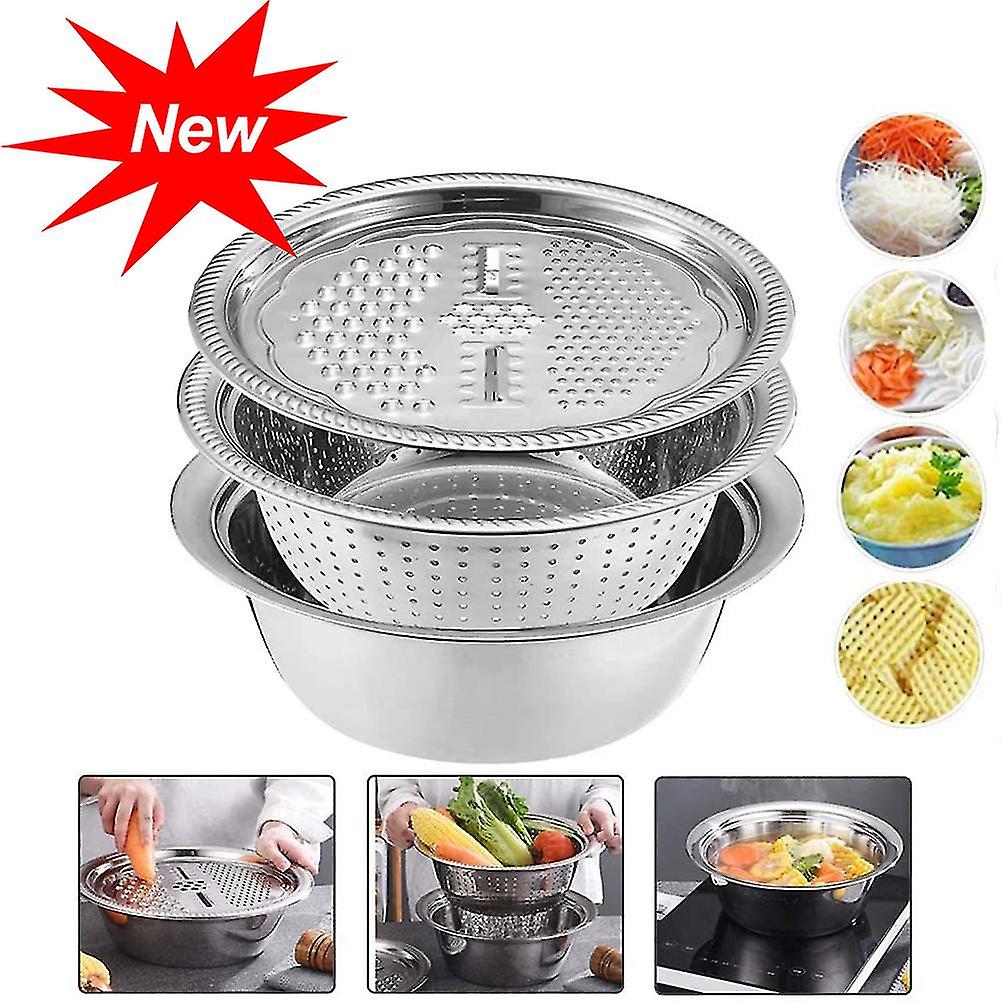 3pcs Multifunctional Stainless Steel Basin Set Fruit Vegetable Bracket Drain Basin Grater Basin Kitchen Tools