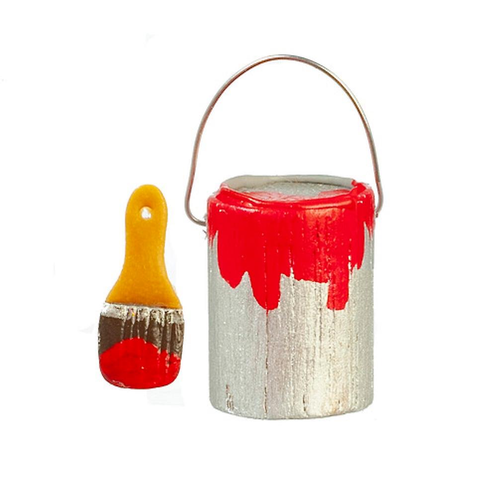 Dolls House Can Tin Of Red Paint & Brush Miniature Accessory Tools Diy 1:12