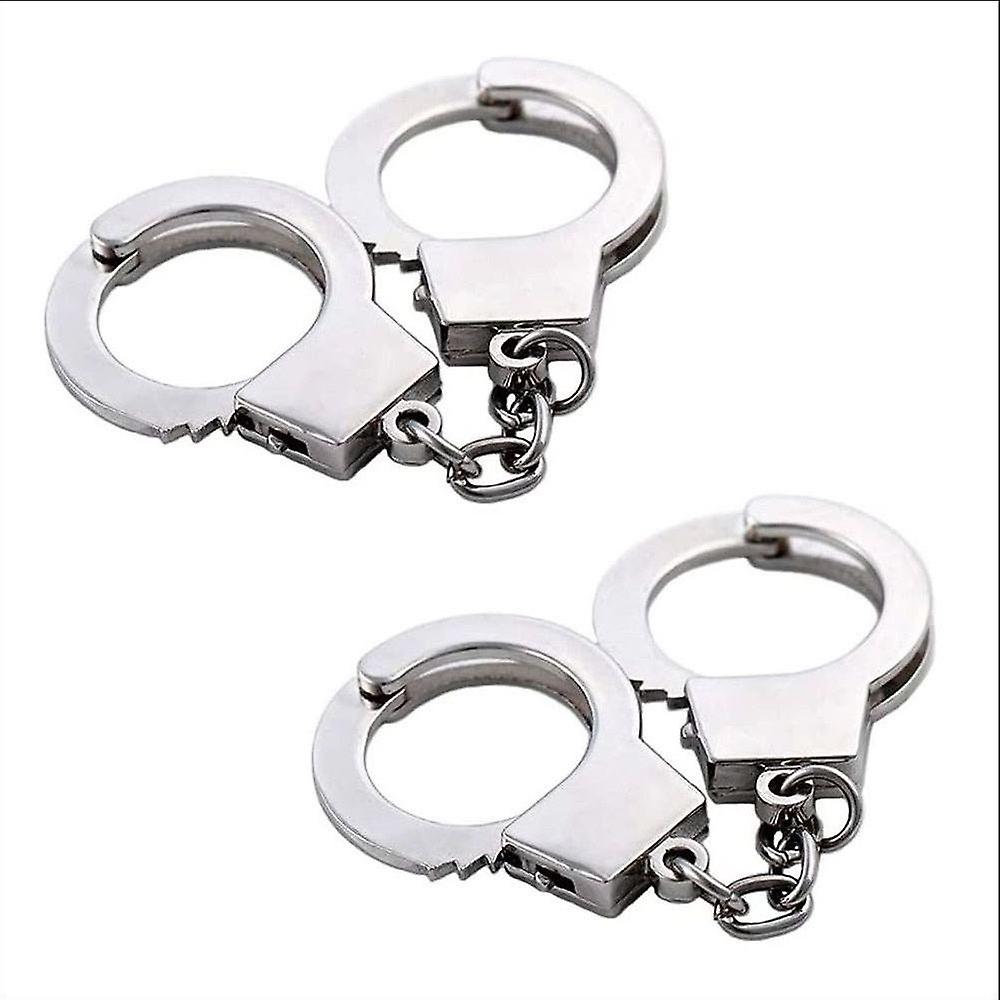 2 Pcs Mini Handcuffs Metal Keychain Keyring, Silver