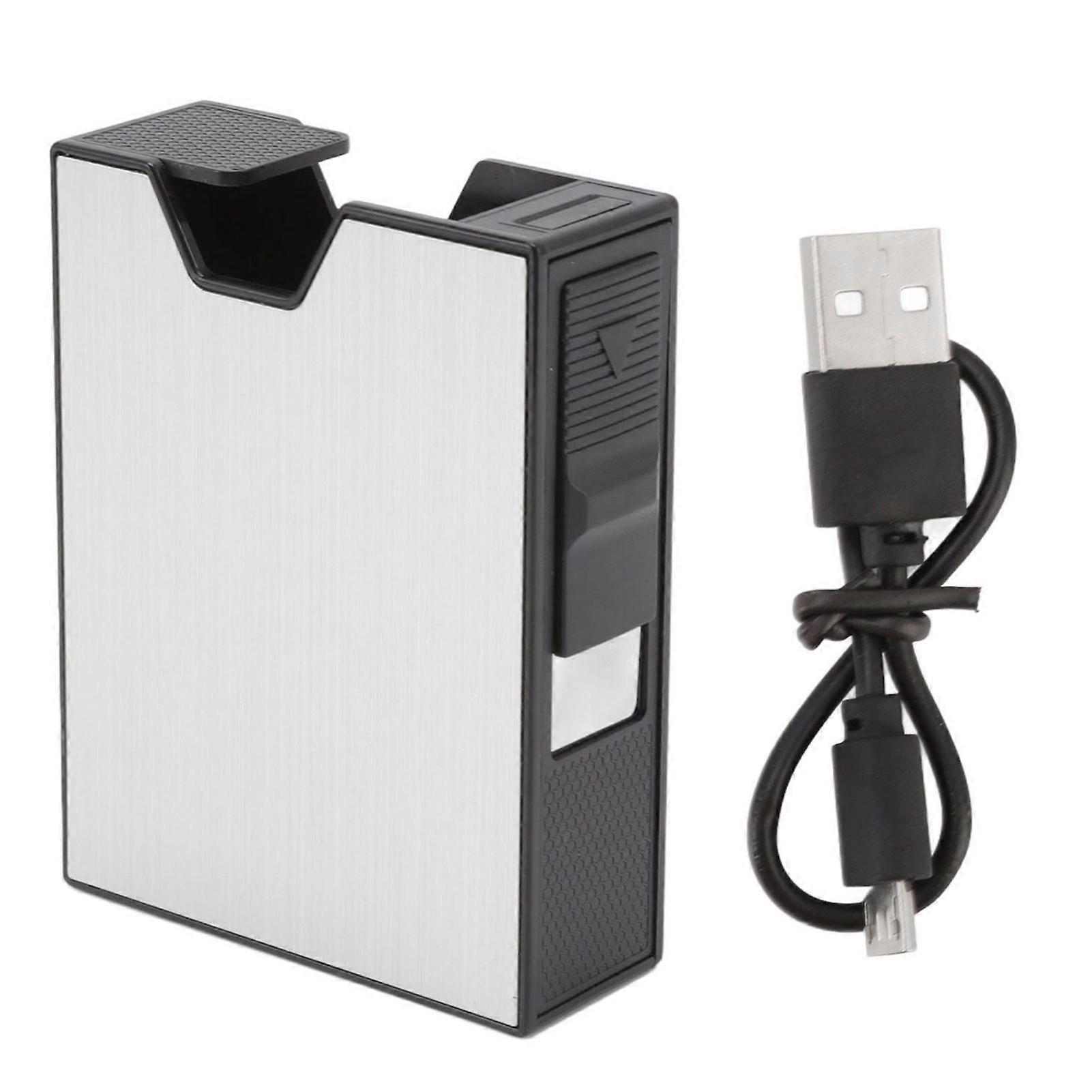 Rechargeable Cigarette Case with Lighter for 20pcs Windproof Tungsten Wire Lighters Cigarette Box Silver