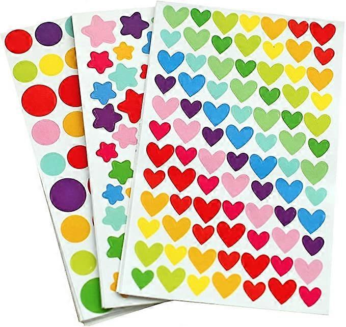 6 Sheets Colorful Dot Heart and Star Shape Self Adhesive Stickers, for Scrapbooking and Kid DIY Arts Crafts (Mixed dots,Hearts,Stars)