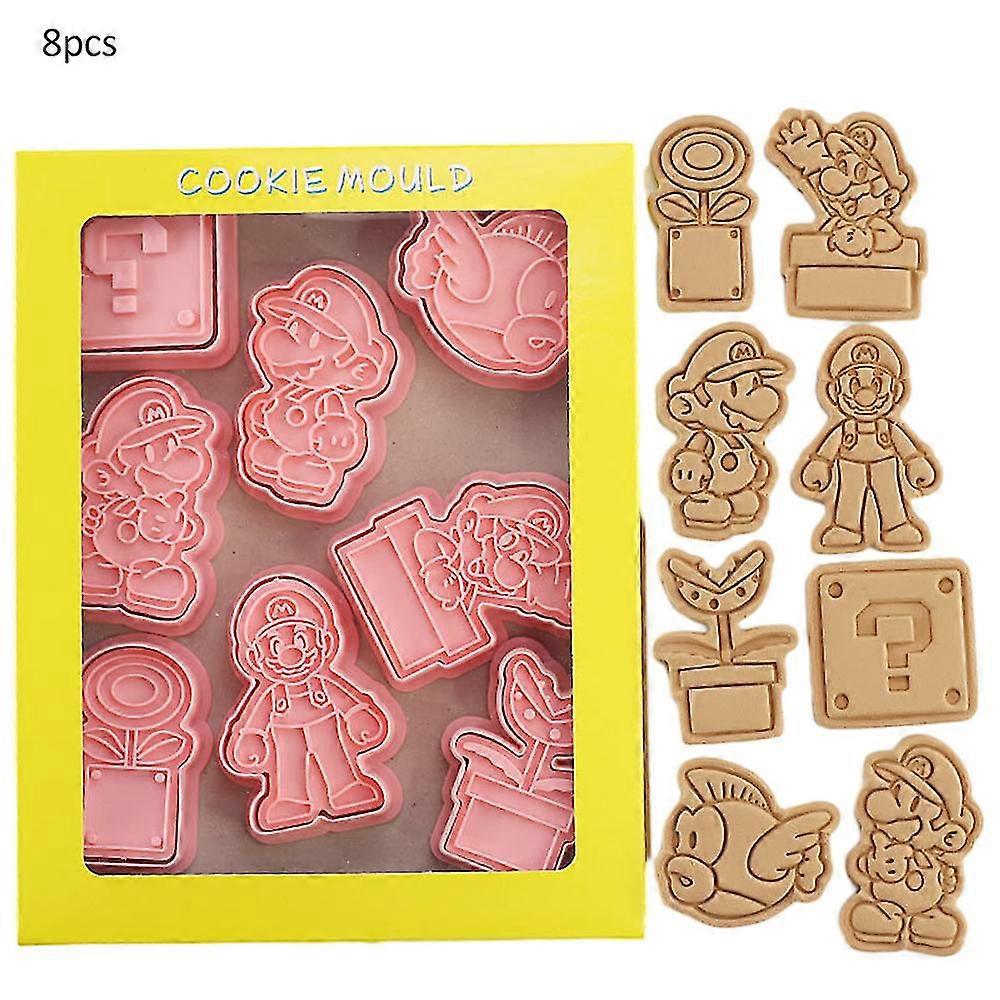 8 ks Super Mario Bros Téma Cookie Cutters Formy Kreslené Reliéfní Cookie Razítka Roztomilé Formy Set Pro Dort Děti Narozeninová Oslava Dekorace -NMAOV