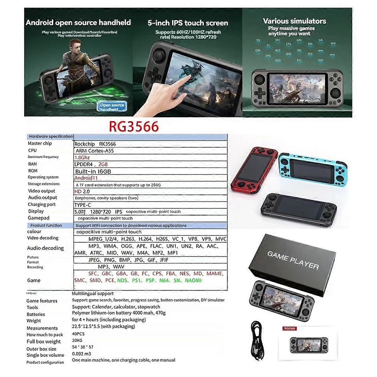 RG3566 Video Game Console 16G+64G 5.0 Inch IPS Touch Screen Open Source Handheld Game Player for PS