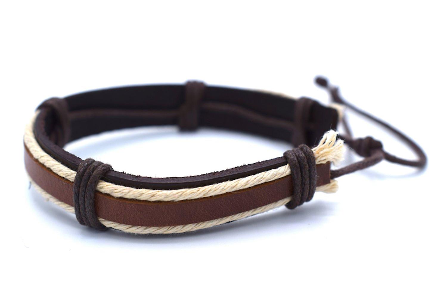  Brown leather bracelet with white string 