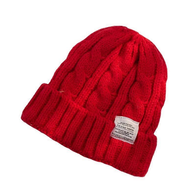 1pc red Cable Knit Beanie Solid Cuffless