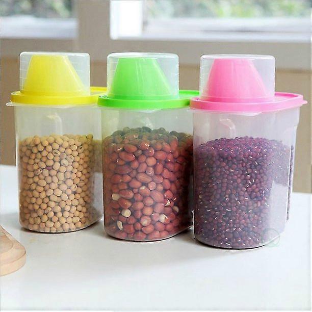 3つの小さなプラスチック製フードセーバー、目盛り付きキャップ付きキッチンフードシリアル保存容器のセット