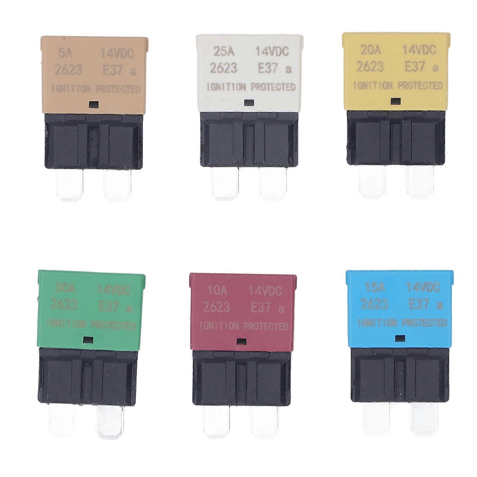 6Pcs Automatisches Zurücksetzen Blade Sicherung Sortiment Kit E37 ATM Mini Circuit Breaker Protector 5A 10A 15A 20A 25A 30A 14VDC