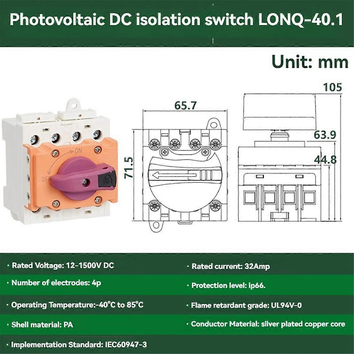 Solar Isolator Switch PV DC 1200V 32A Solar Rotating Handle Isolator ...