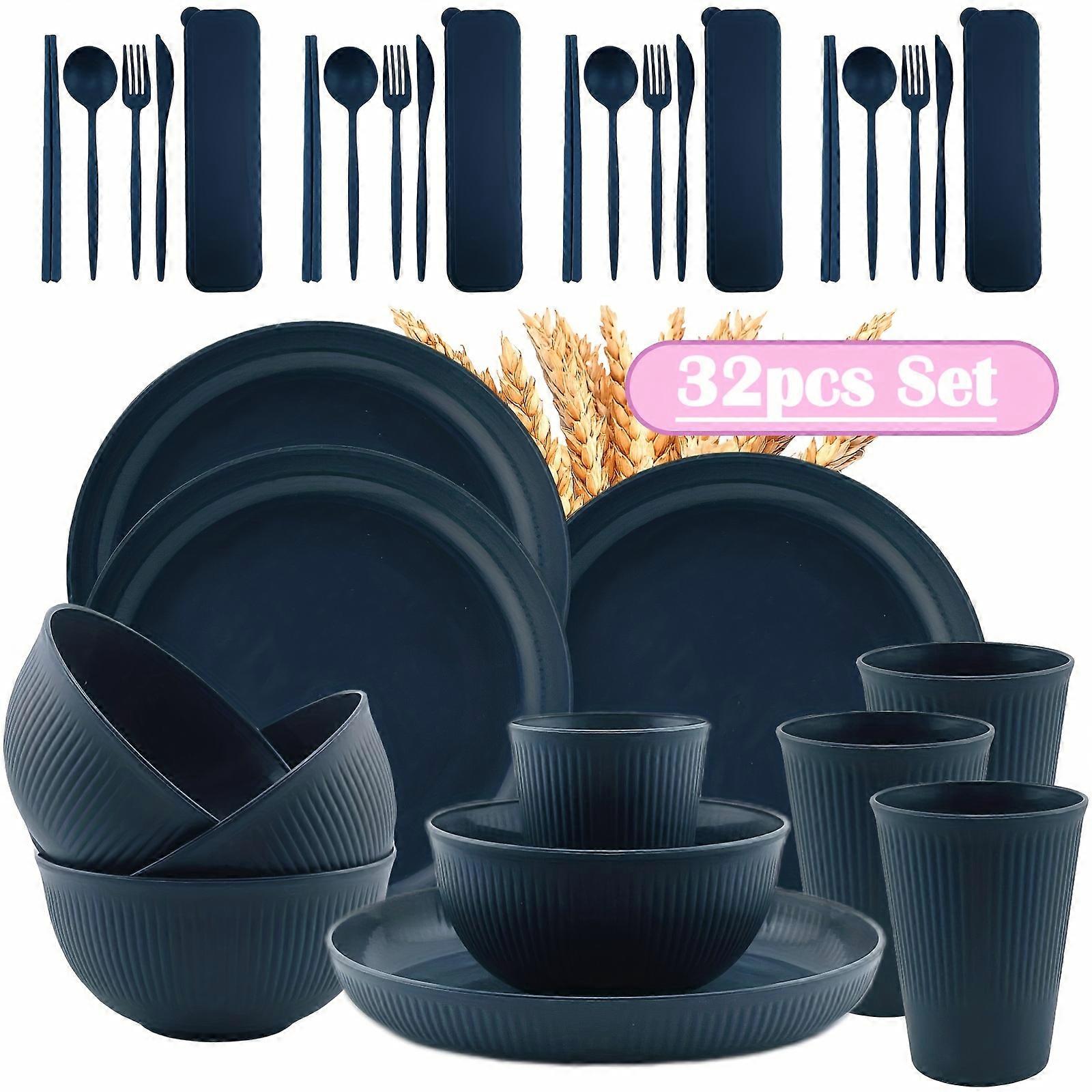 8/32pcs Wheat Straw Dinnerware Set - Lightweight & Unbreakable Plastic Dinnerware Set with Cutlery Set, Dinner Plates Cereal Bowls Cups - Microwave &