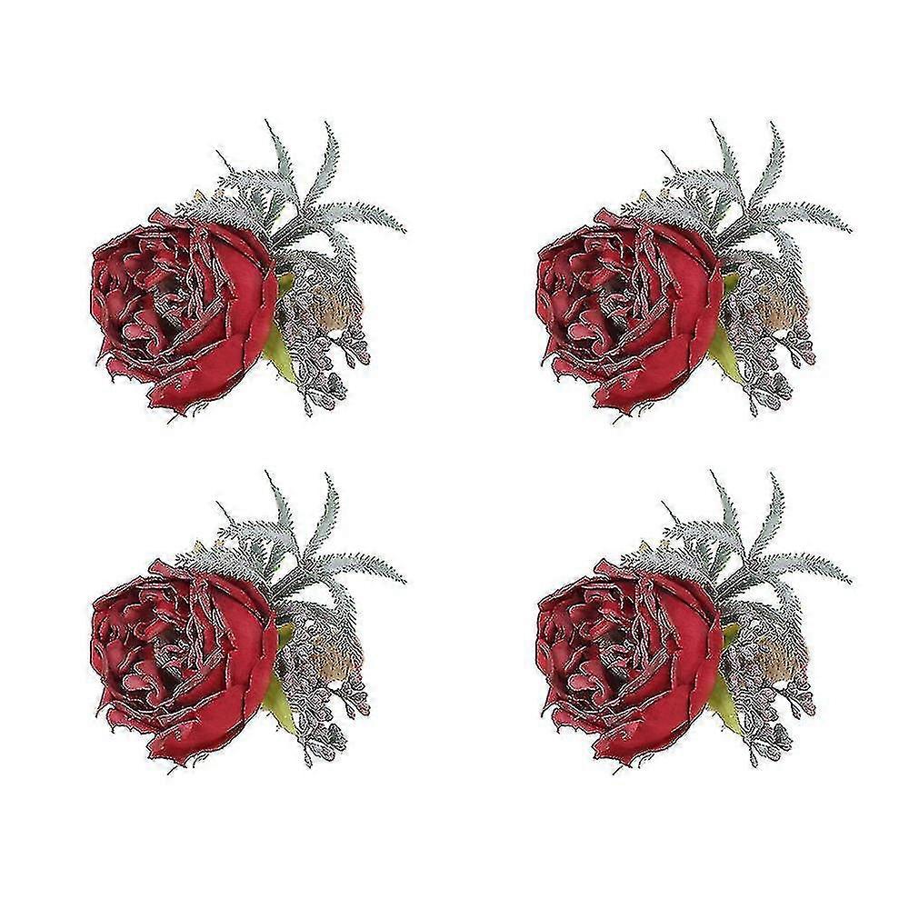 4pcs Artificial Rose Flower Napkin Ring Table Decoration(red)