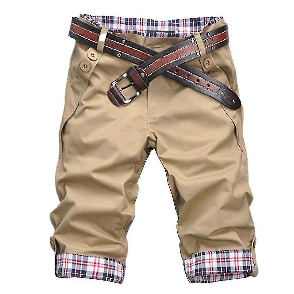 Men Plaid Patchwork Pockets Buttons Fifth Pants Loose Beach Shorts