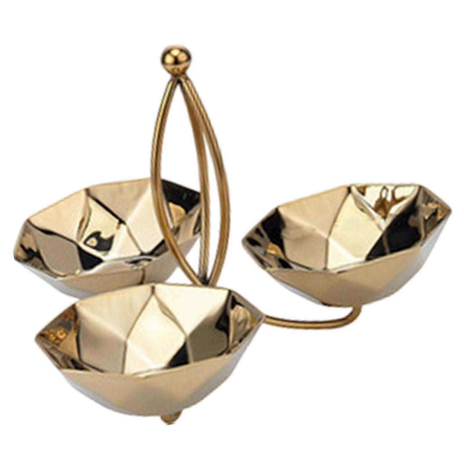 Snack Serving Bowl 3 Section Serving Bowls with Stand for Dips Dessert Sauce gold