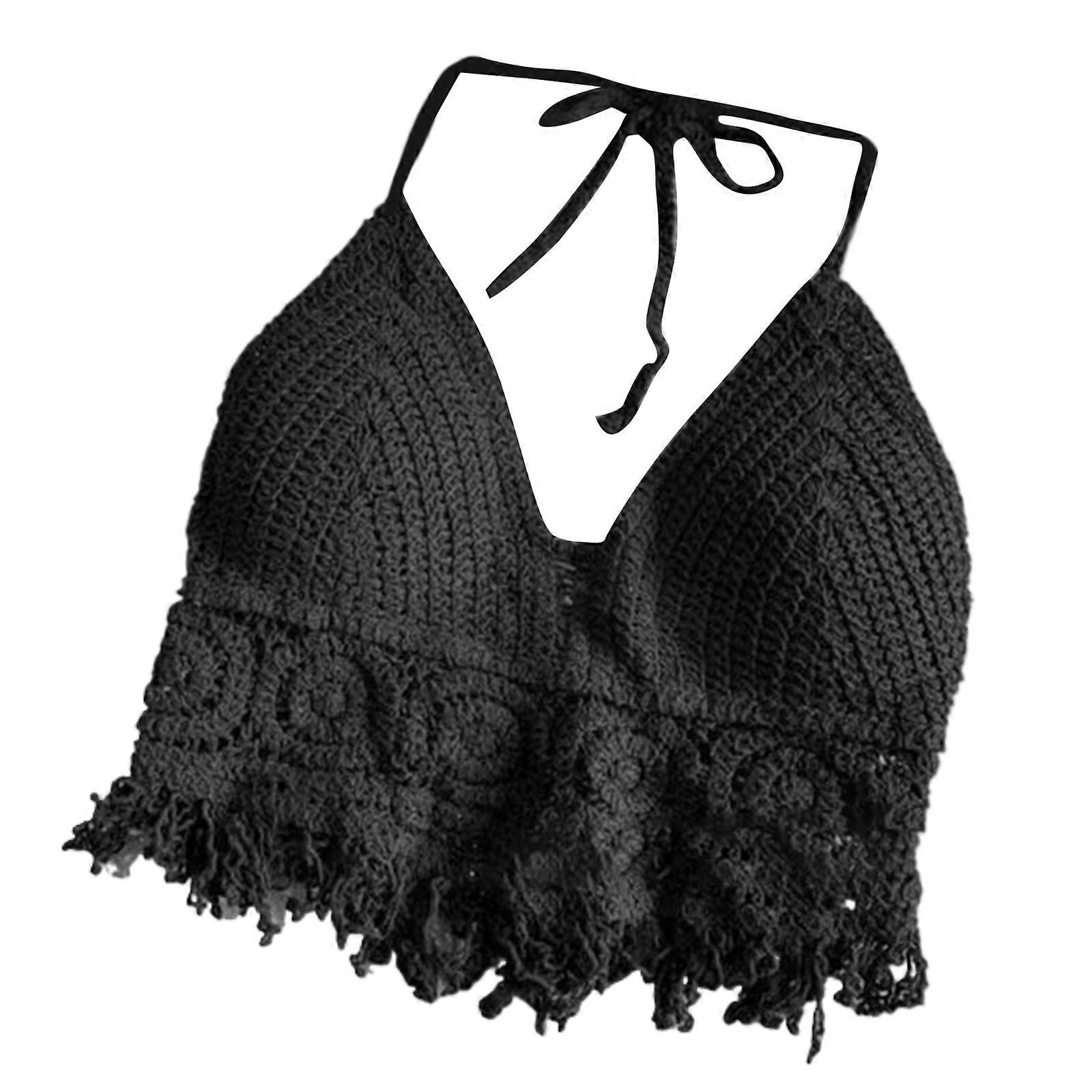 Hollow Out Crochet Knit Tassels Crop Top Sexy Spaghetti Strap Halterneck Bikini Bra Beach Camisole Vests for Women  4 black