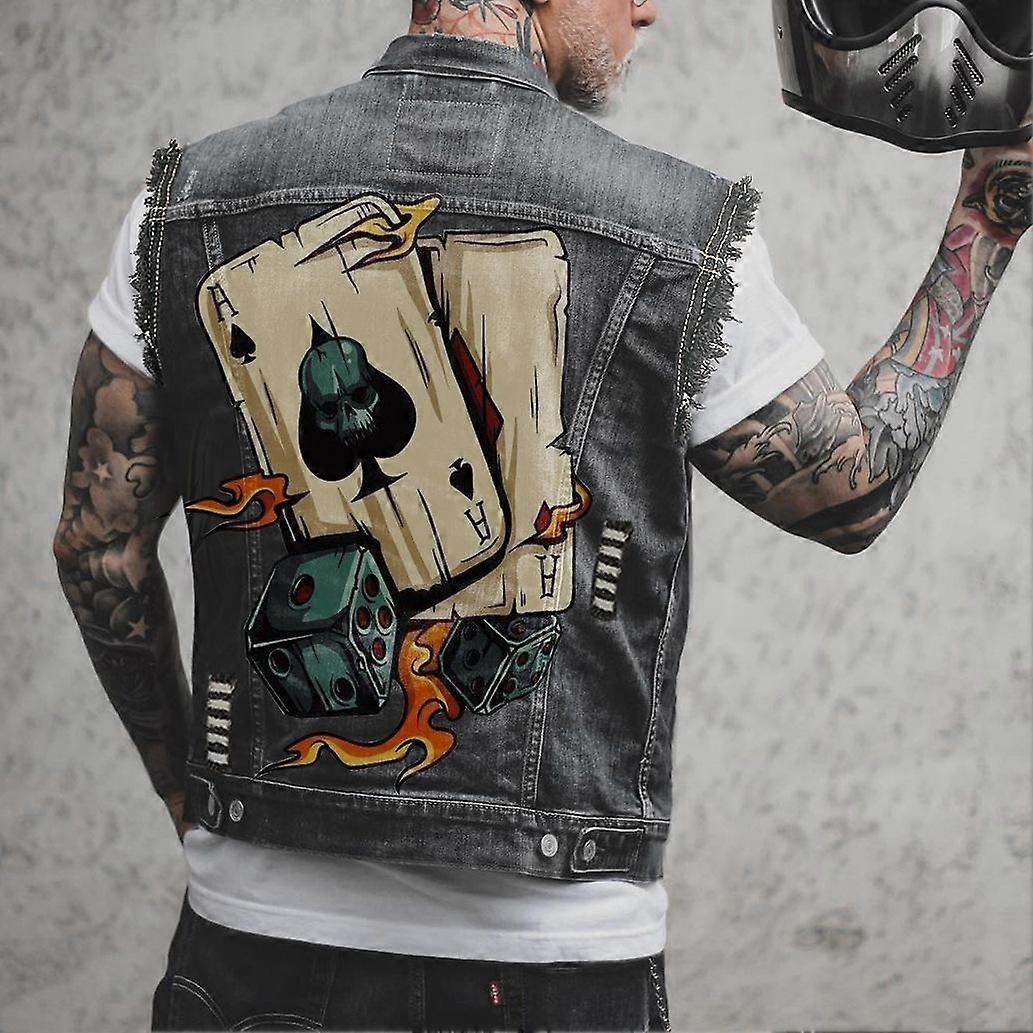 Mens Motorcycle Vest Skull Print Hip Hop Punk Rock Biker Denim