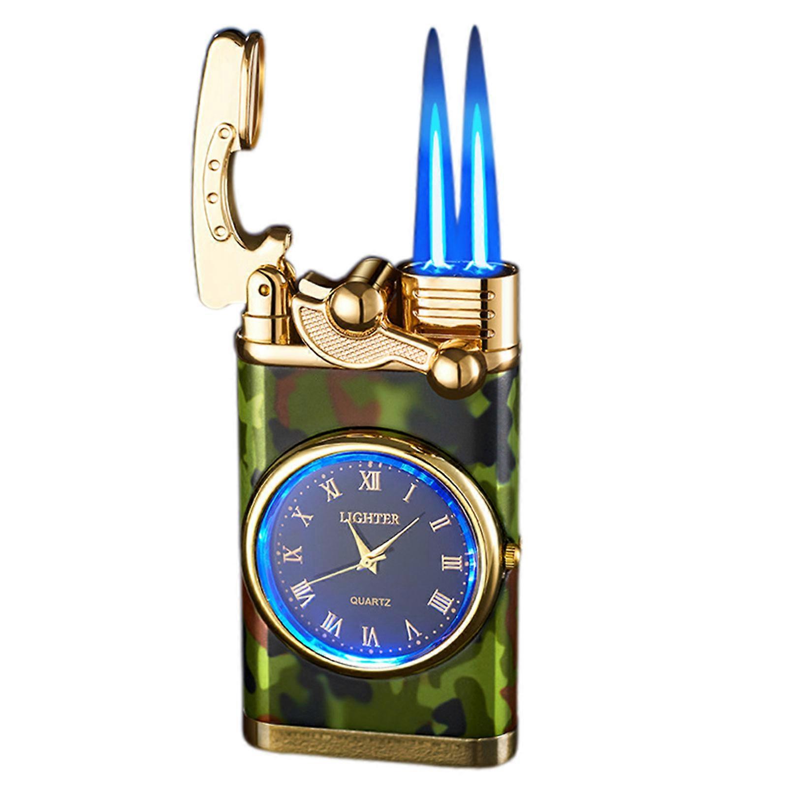 Luminous Watch Dial LED Rocker Lighter Refillable Butane Windproof Double Flame Lighter Mens Retro Stylish Accessory Gift