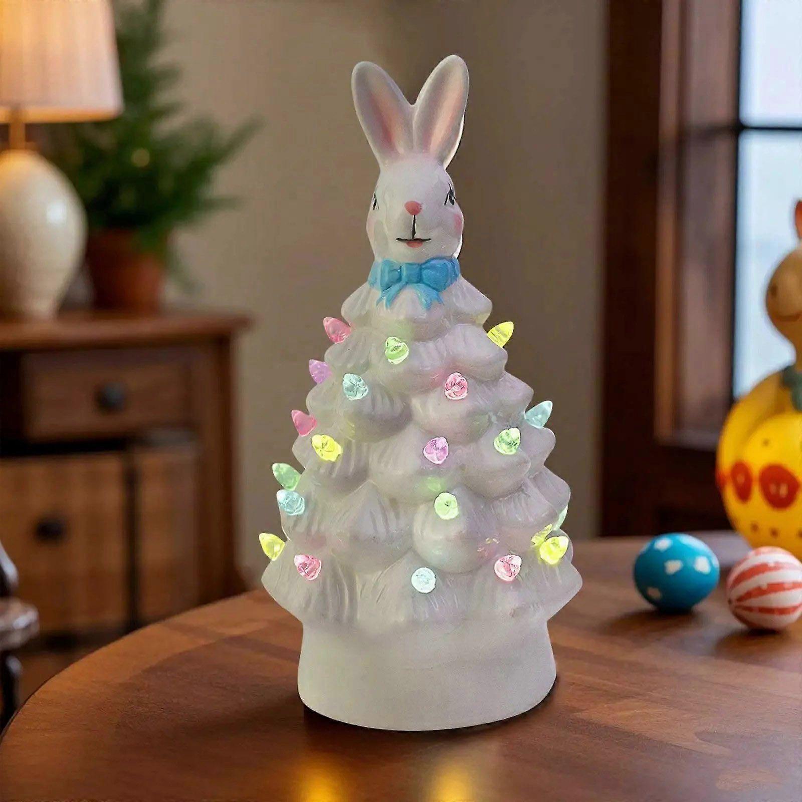 Ceramic Easter Bunny Tree Figurine with LED Light, Collectible Holiday Decor