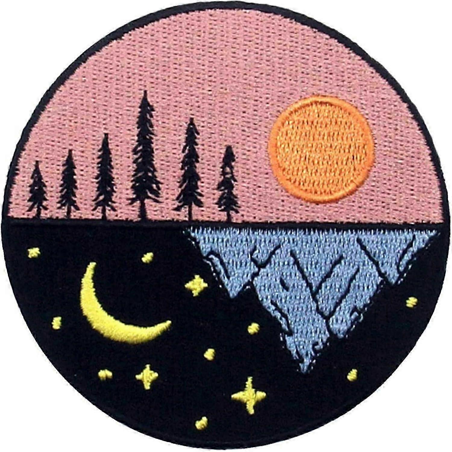 Embroidered Patches, Round Shape Day and Night Nature Theme Iron On Sew On Applique Emblem